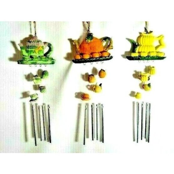 Teapot Fruit Vegetable Wind Chimes 3-Piece Banana Asparagus Orange Cups Saucers - Picture 1 of 6
